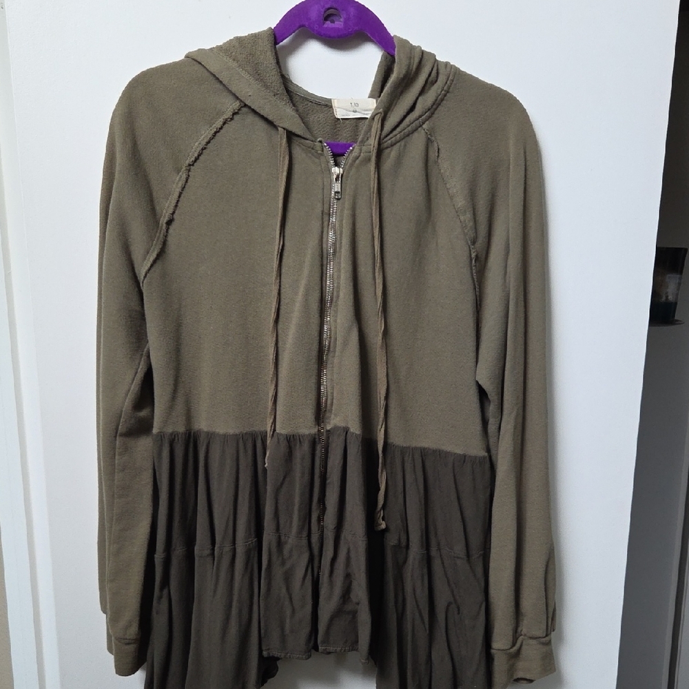 Anthropologie T.LA Green Ruffle Zip-Up Hoodie Sweater - Size M